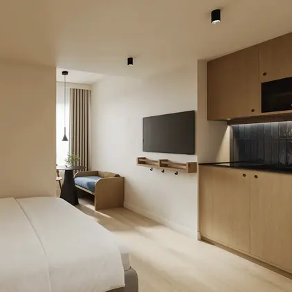 a bedroom with a bed and a tv