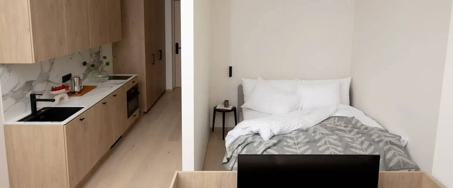 a bedroom with a tv and a wood floor