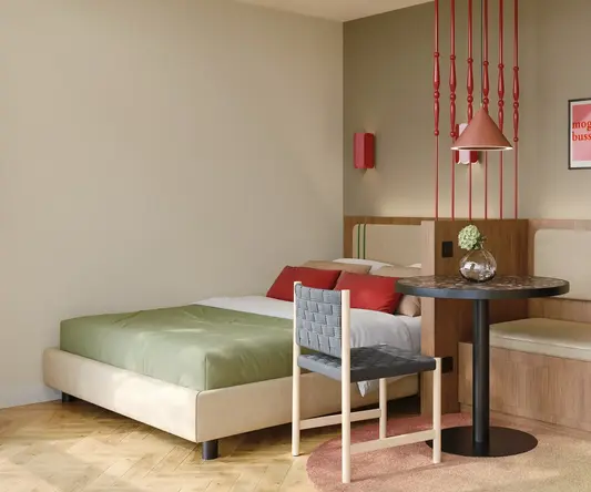 a room with a bed and a table