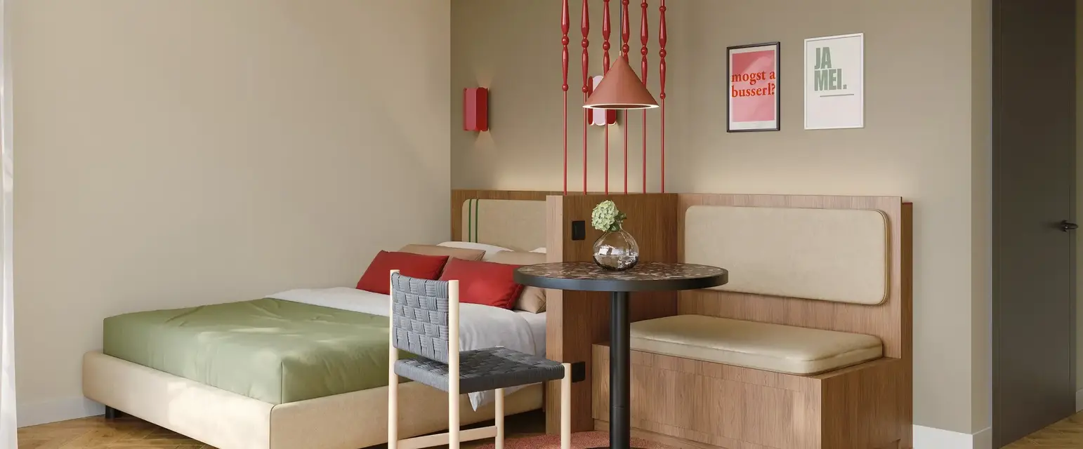 a room with a bed and a table