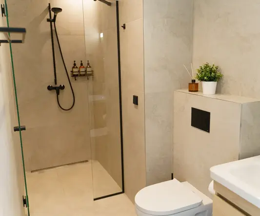 a bathroom with a glass shower and toilet