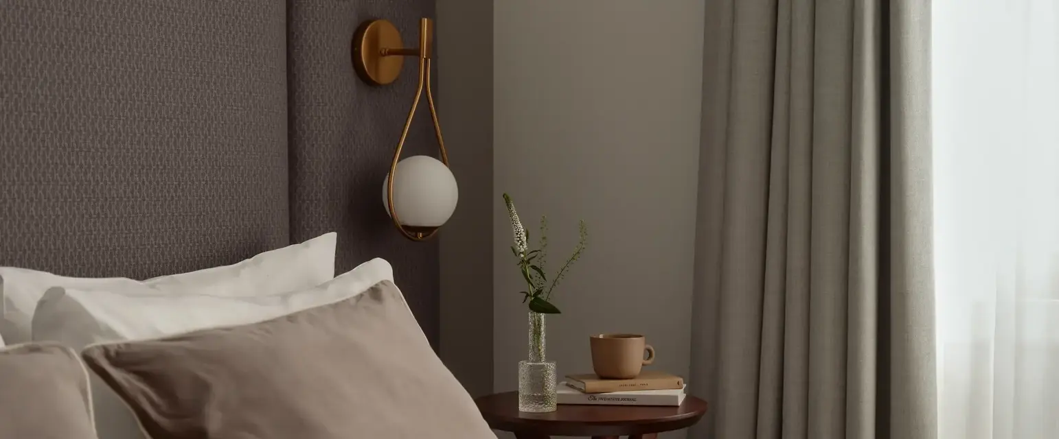 a bed with pillows and a vase of flowers on a table