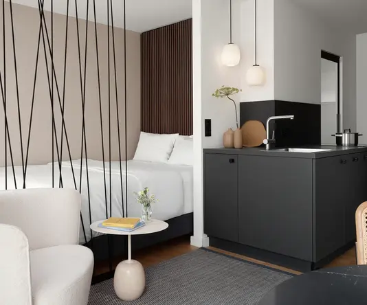 a room with a bed and a sink