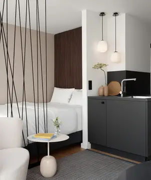 a room with a bed and a sink