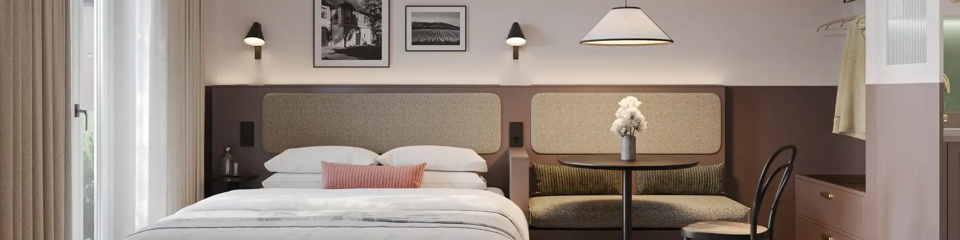 a room with a bed and a table