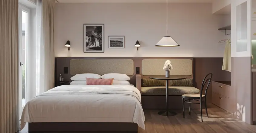 a room with a bed and a table