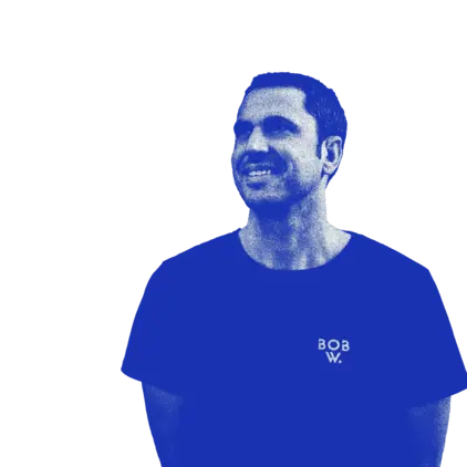 a man in a blue shirt