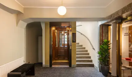 a staircase leading to a building