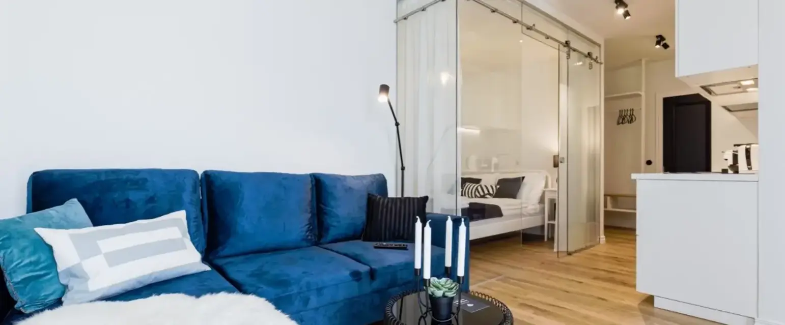 a blue couch in a room