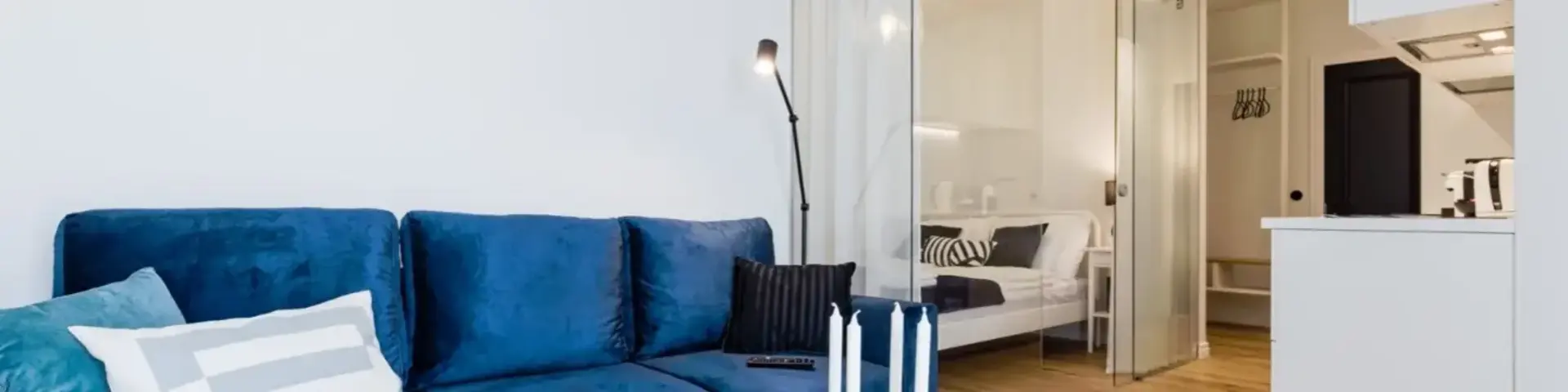 a blue couch in a room