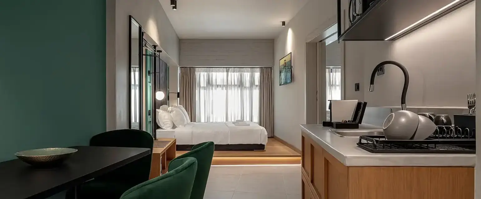 a room with a bed and a table