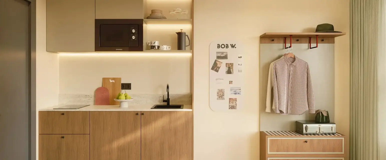 a kitchen with a microwave and a countertop
