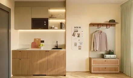 a kitchen with a microwave and a countertop