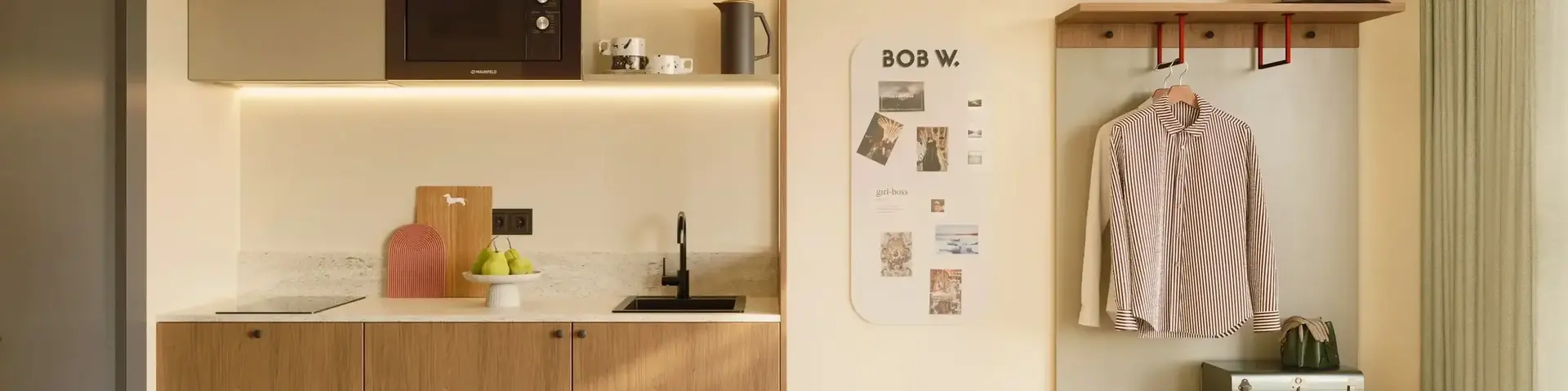 a kitchen with a microwave and a countertop