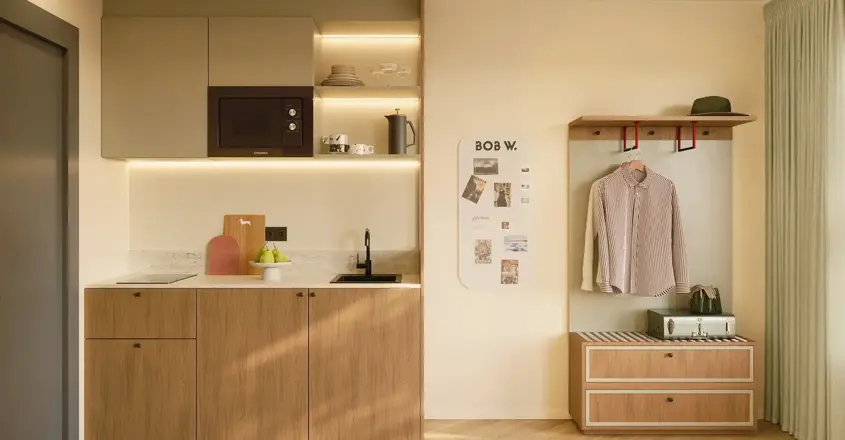 a kitchen with a microwave and a countertop