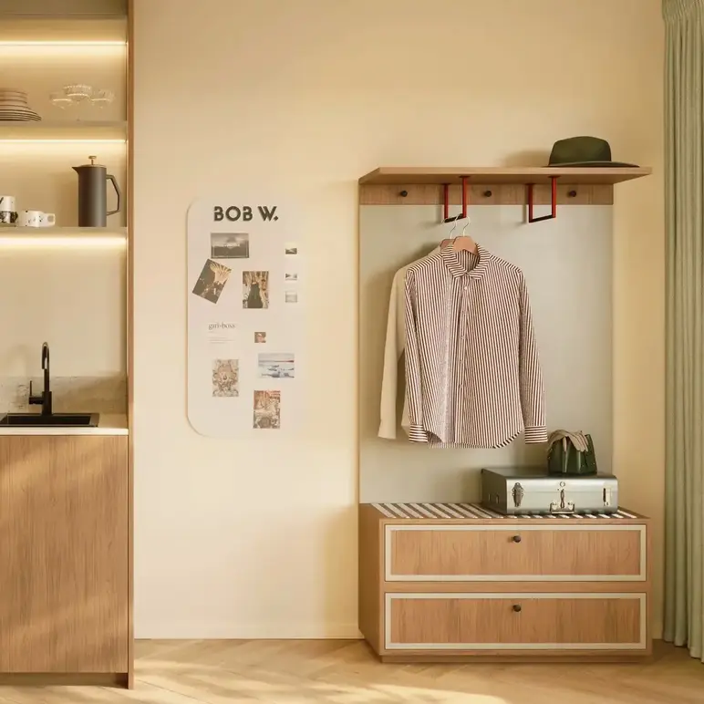 a kitchen with a microwave and a countertop