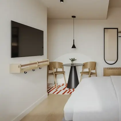 a room with a bed and a table