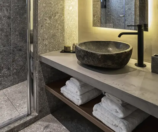 a bathroom with a sink and a shower