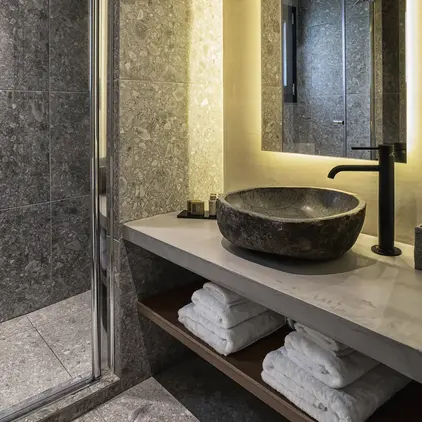 a bathroom with a sink and a shower