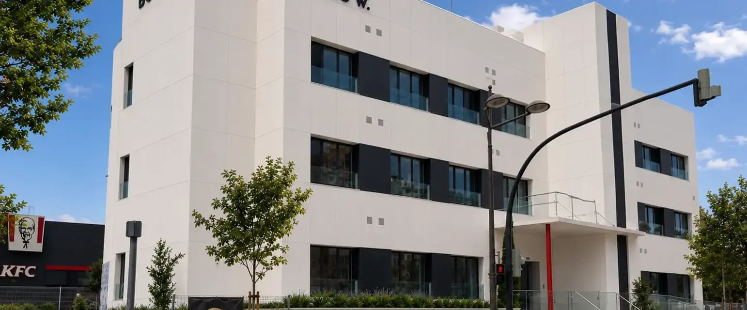 a white building with black text on it