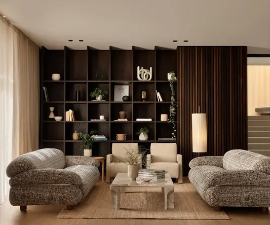 a living room with a couch and a coffee table