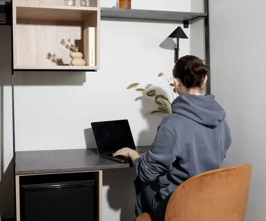 a woman sitting at a desk with a laptop
