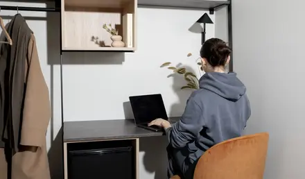 a woman sitting at a desk with a laptop