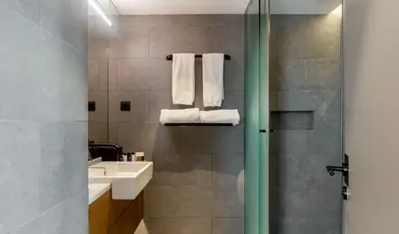 a bathroom with a shower and a sink