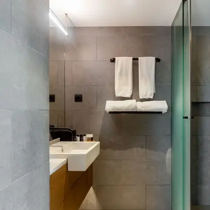 a bathroom with a shower and a sink