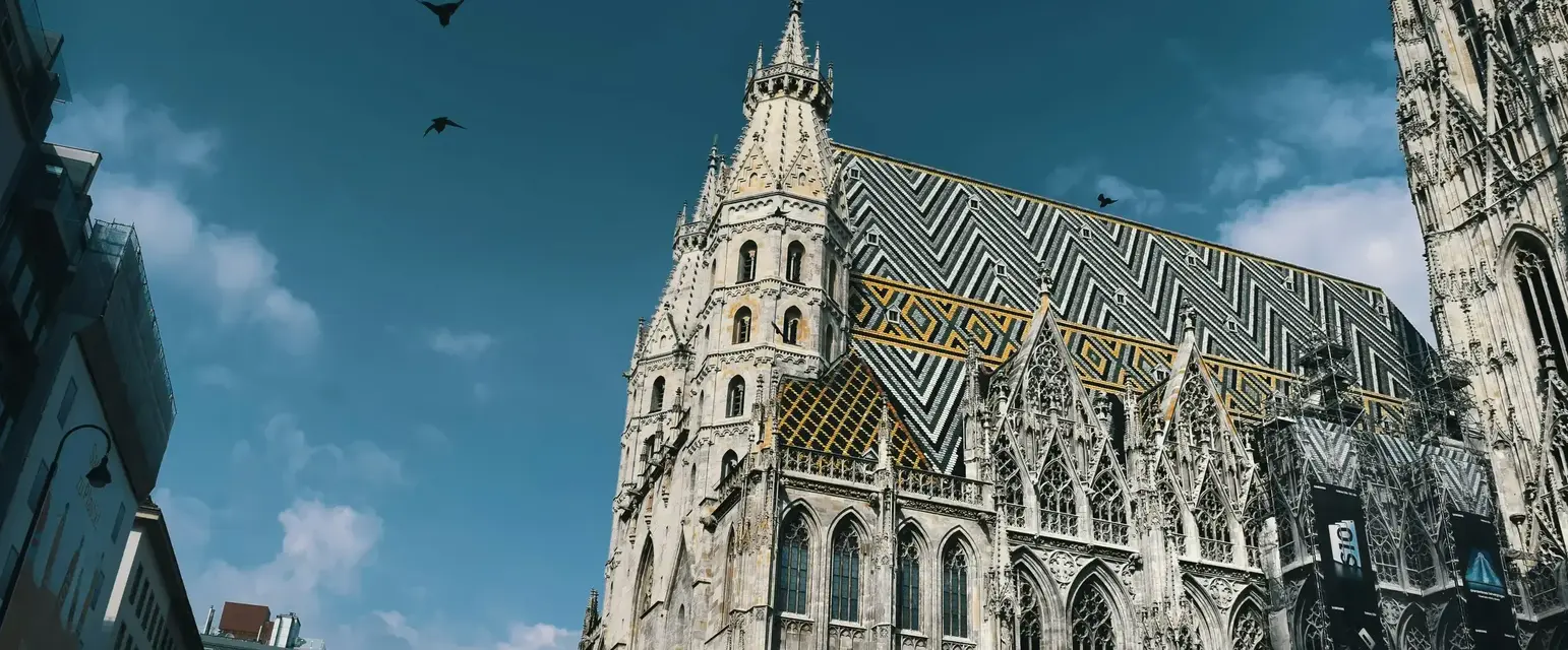 St. Stephen's Cathedral, Vienna with a steeple and birds flying in the sky. Photo by Dan V on Unsplash