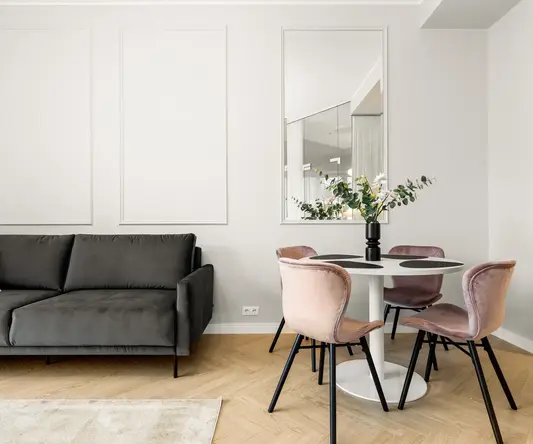 a room with a couch and a table