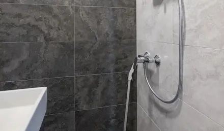 a shower with a hose and a sink