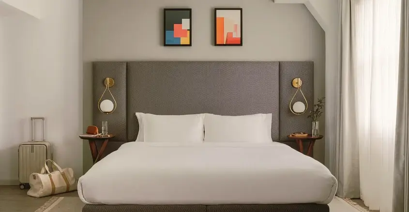 a bed with a headboard and a lamp