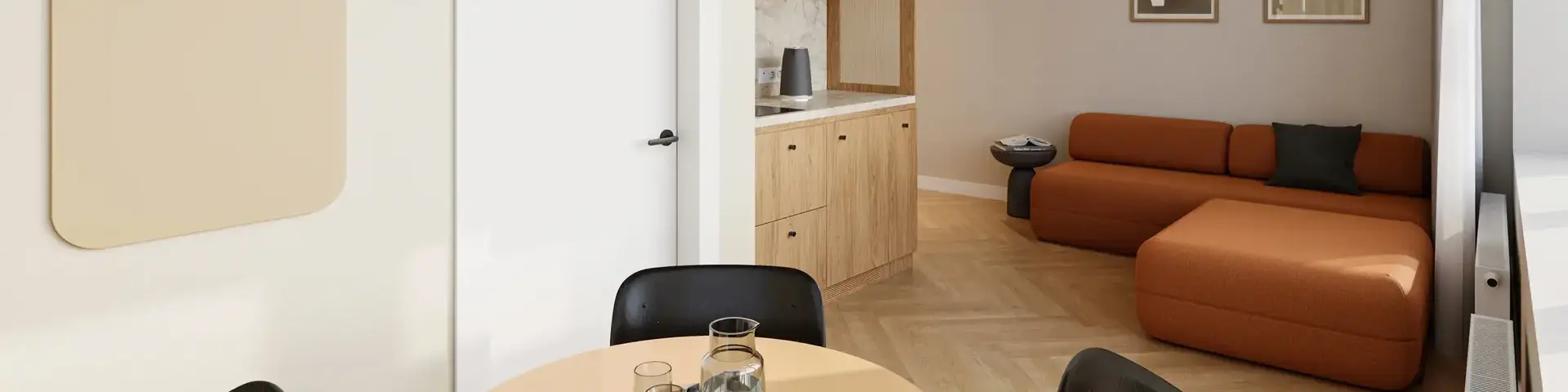 a room with a table and chairs