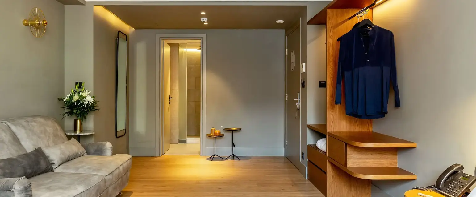 a room with a couch and a bed