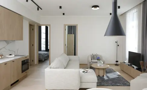 a living room with a couch and a table