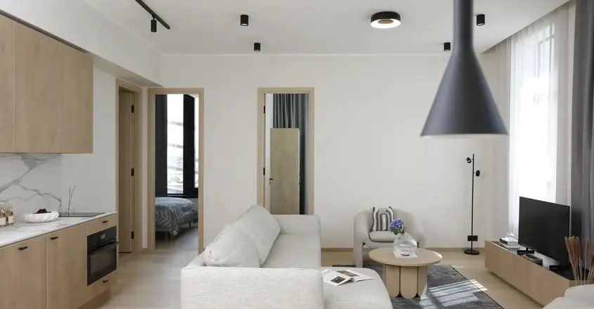 a living room with a couch and a table