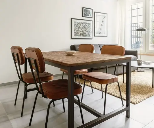 a dining table and chairs in a room