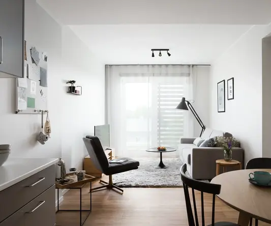 a room with a couch and a table