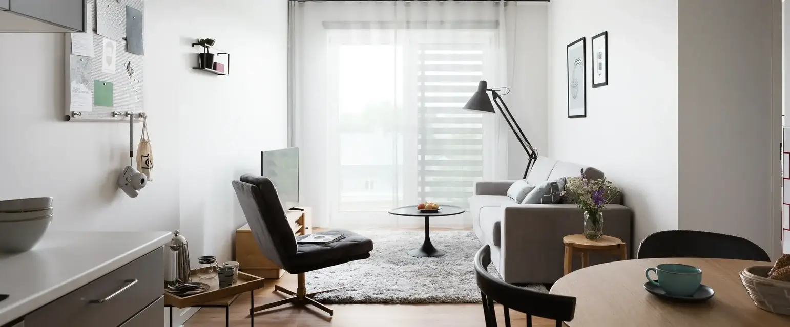 a room with a couch and a table