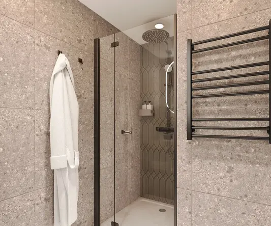 a shower with a towel rack and a towel rack