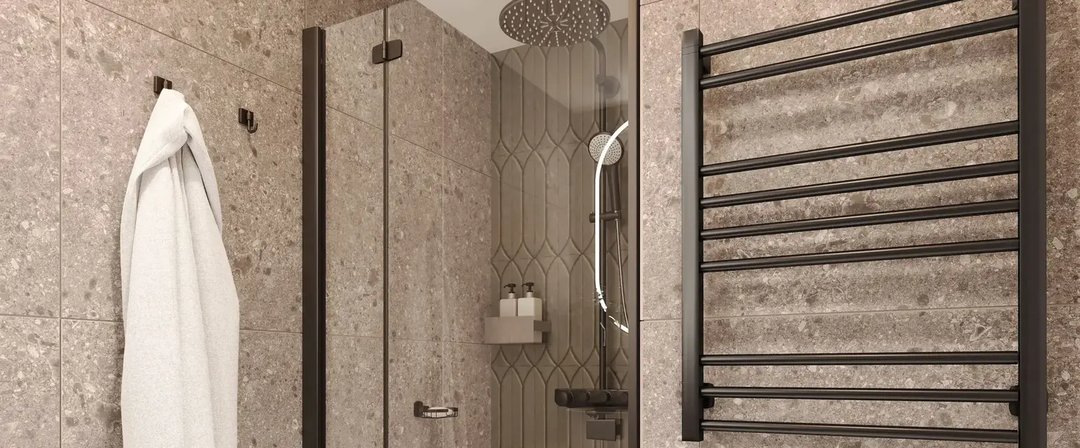 a shower with a towel rack and a towel rack