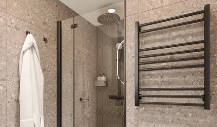 a shower with a towel rack and a towel rack