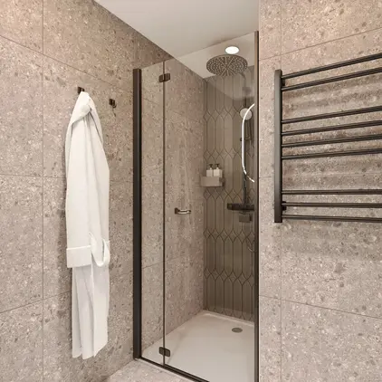 a shower with a towel rack and a towel rack