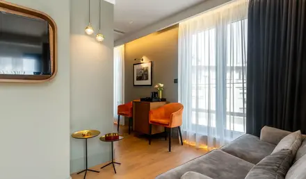 a living room with a couch and a table