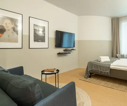 a room with a bed and a television