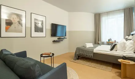 a room with a bed and a television