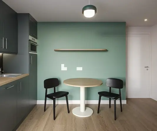 a table and chairs in a kitchen