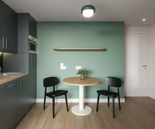 a table and chairs in a kitchen