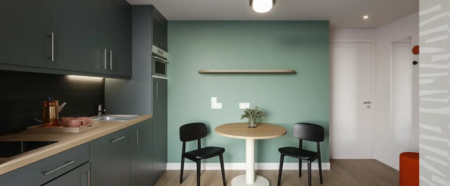 a table and chairs in a kitchen